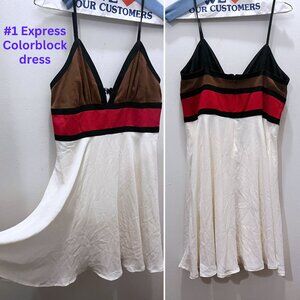 Express Spaghetti Strap Color Block Red/Brown/White dress